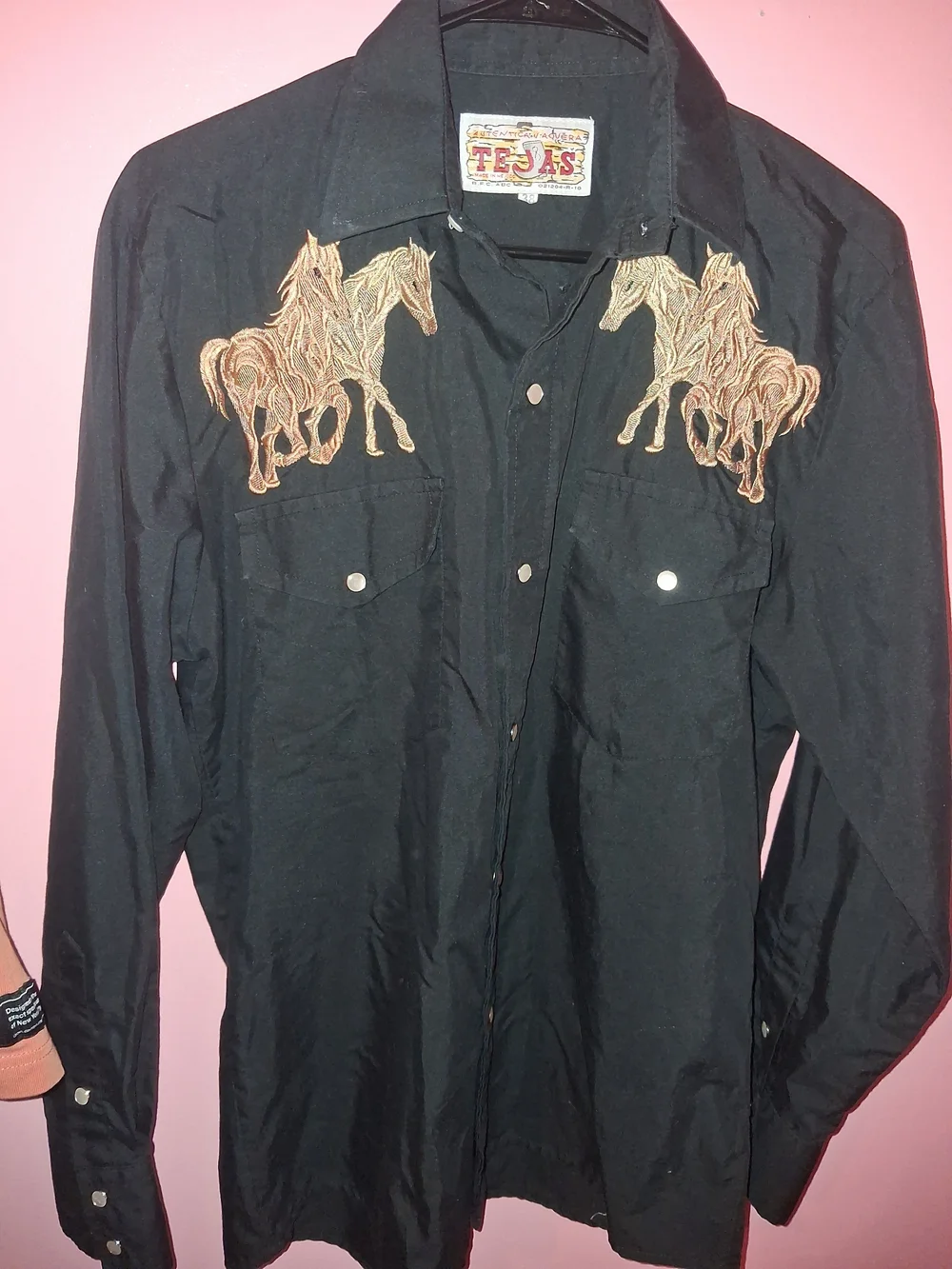 Vintage Tejas Autentica Vaquera Western Shirt Black Embroidered Horses Size 38